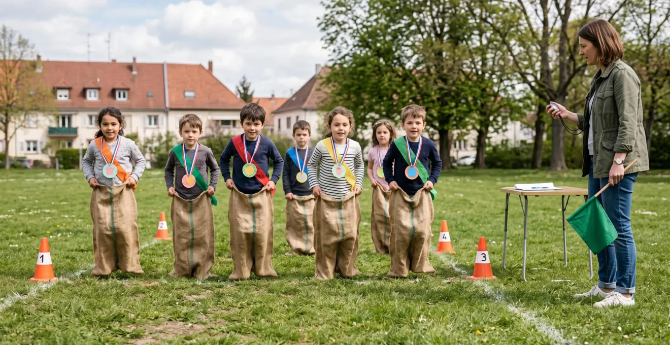Des enfants participent à une course en sac encadrée par un parent dans un parc strasbourgeois lors d'un anniversaire sportif.