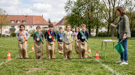 Des enfants participent à une course en sac encadrée par un parent dans un parc strasbourgeois lors d'un anniversaire sportif.