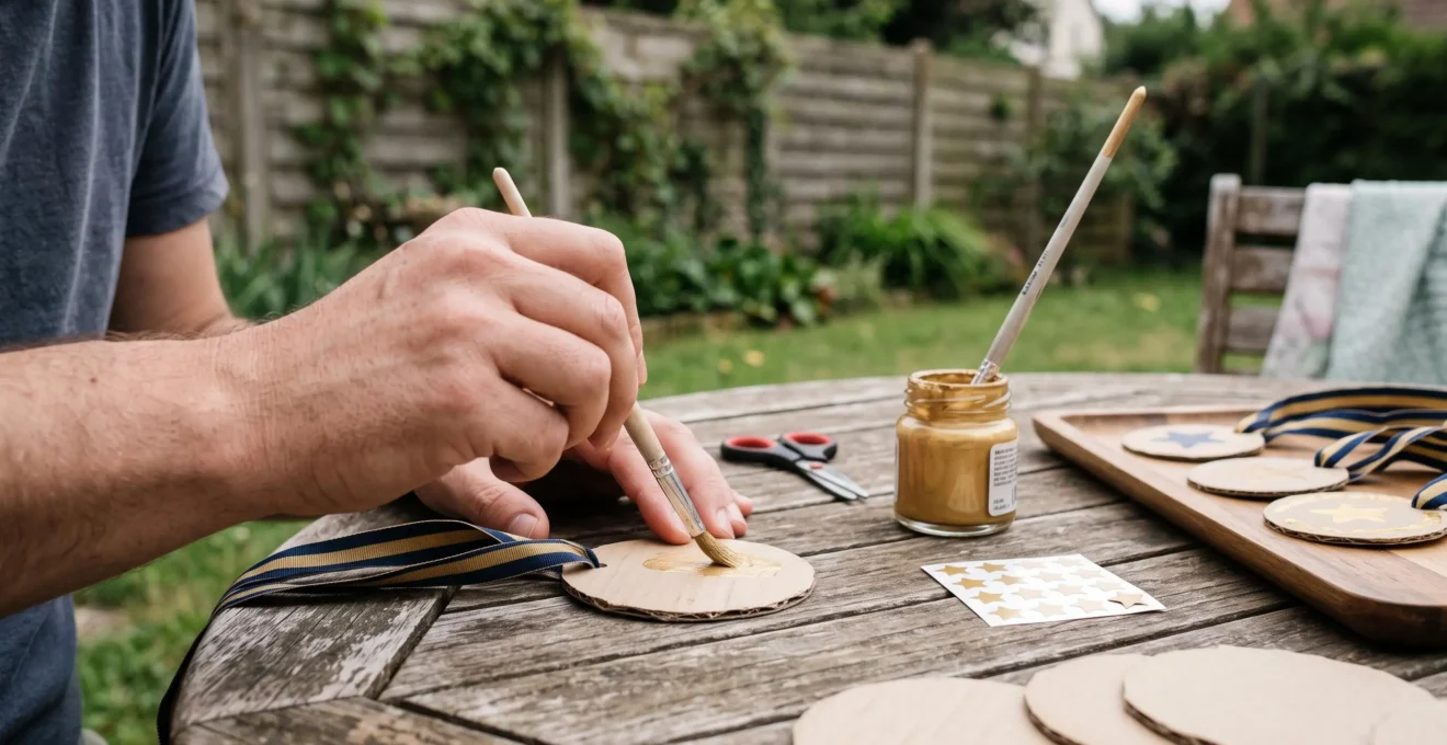 Des mains décorent une médaille en carton à la peinture dorée sur une table de jardin pendant la préparation d'un anniversaire.