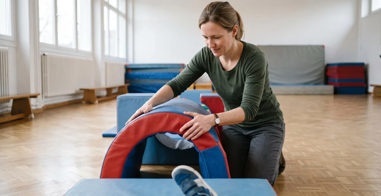 Un parent vérifie la stabilité d'un tunnel en mousse sur un parcours d'obstacles dans un gymnase strasbourgeois.