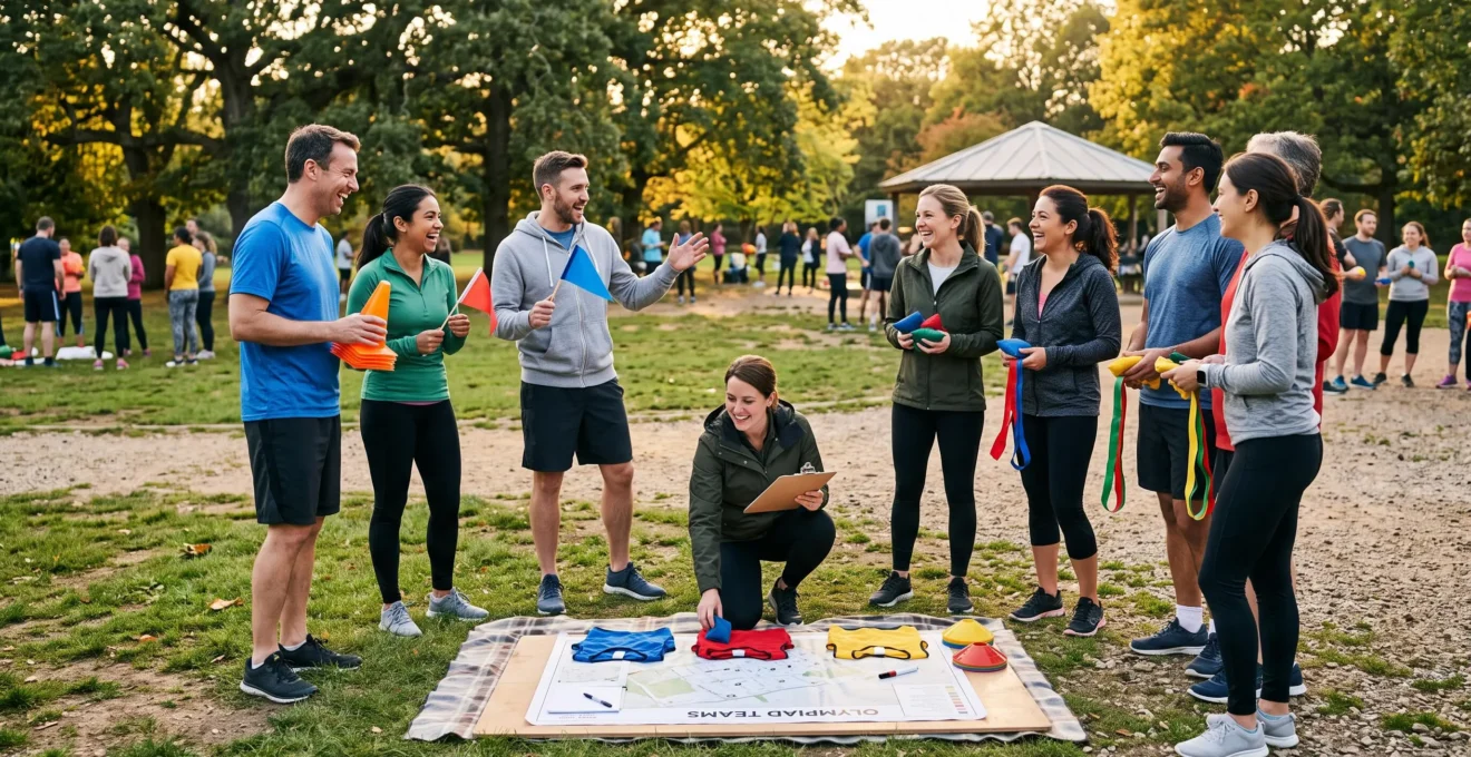 Un organisateur répartit des amis en équipes avec dossards colorés lors d'olympiades dans un parc.