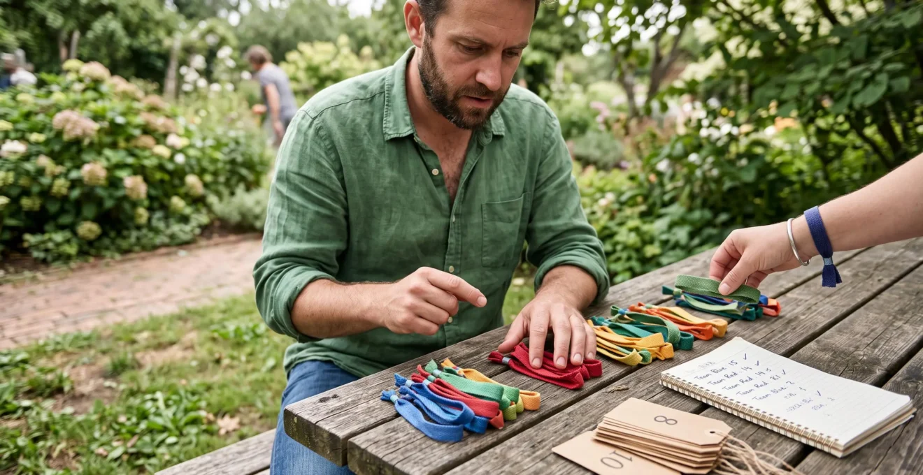 Un homme répartit des bracelets colorés en tas égaux sur une table de jardin.